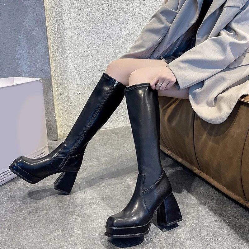 High Heels Fashion Women Long Boots Square Toe PU Leather Soft Ladies Knee-high Boot Autumn Platform Female Over The Knee Boots