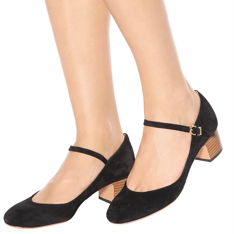 Black Mary Jane Chunky Heels Buckle Round Toe Pumps Vegan Suede Shoes |FSJ Shoes