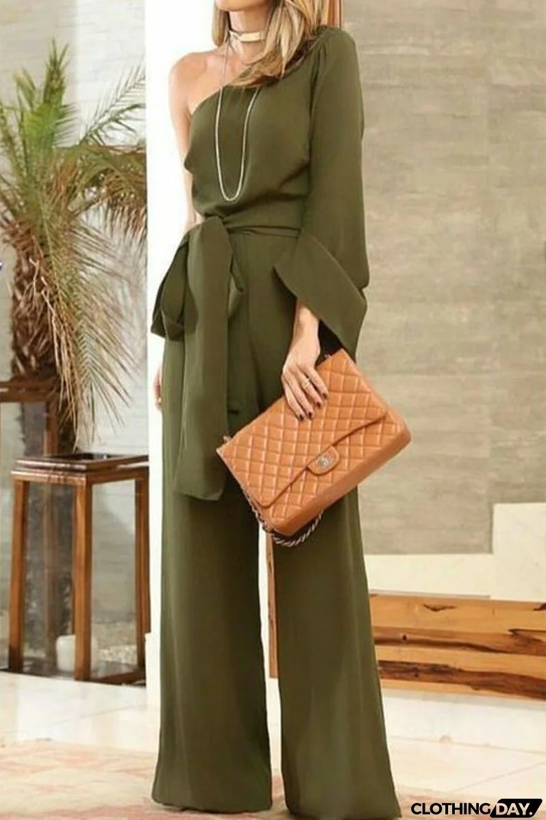 Fashion solid color off shoulder straight jumpsuit with zipper