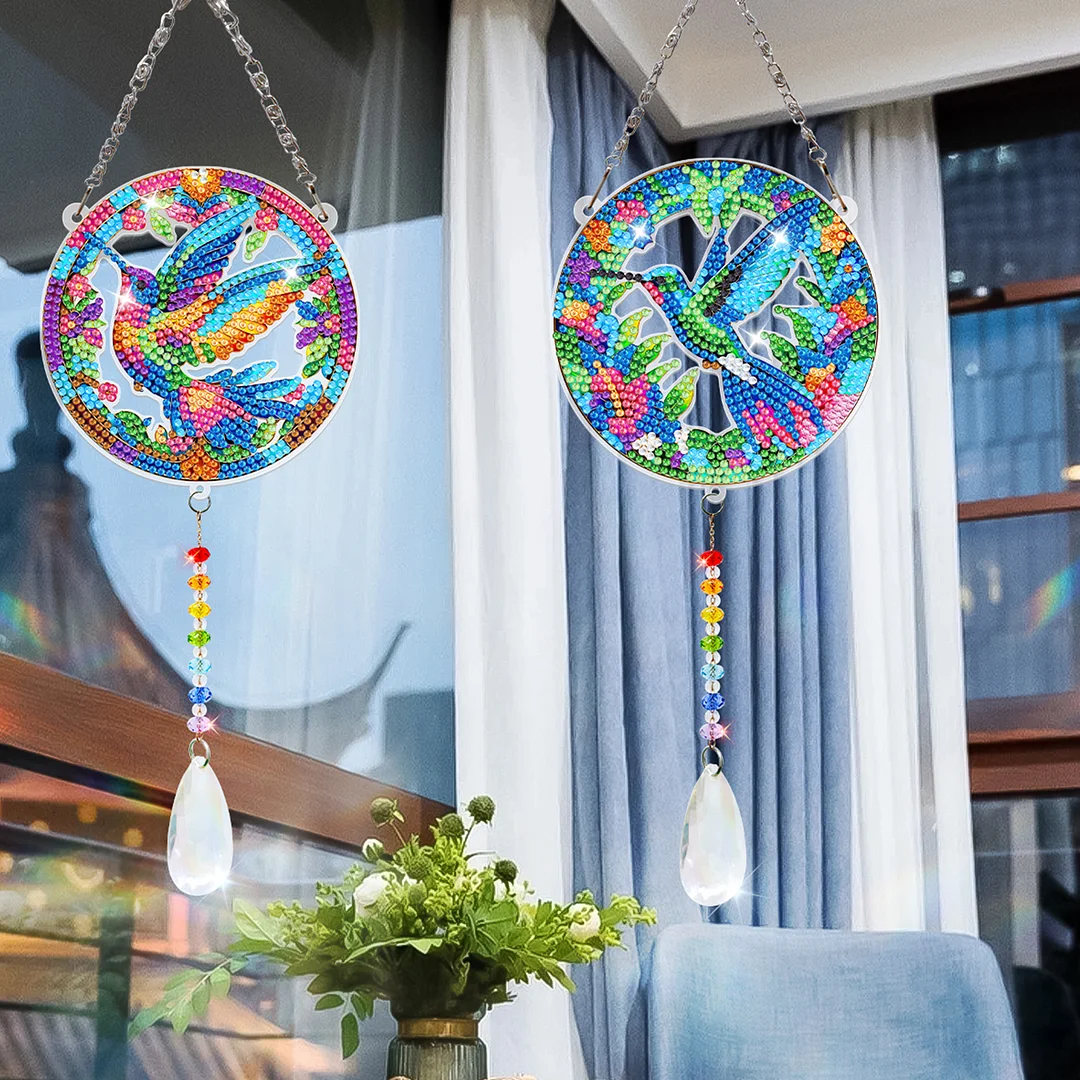 2Pcs Hummingbird DIY Acrylic Diamond Painting Art Wind Chimes with Crystal Pendant Diamond Art Hanging Pendant Double-Sided for Adults Beginners Gift Home Garden Decor