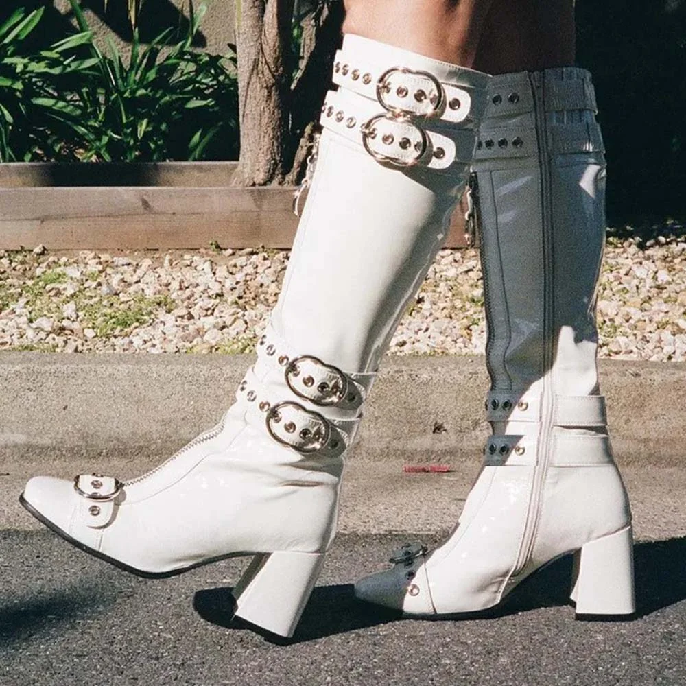 White Chunky Heels Ankle Boots Almond Toe All Match Heels