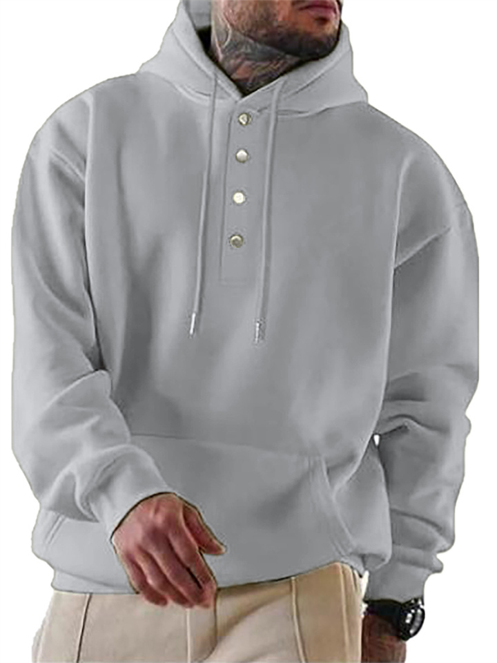 Snap Button Drawstring Solid Color Men's Long Sleeve Pullover Jacket Loose Casual Hooded Single-breasted Sweatshirt