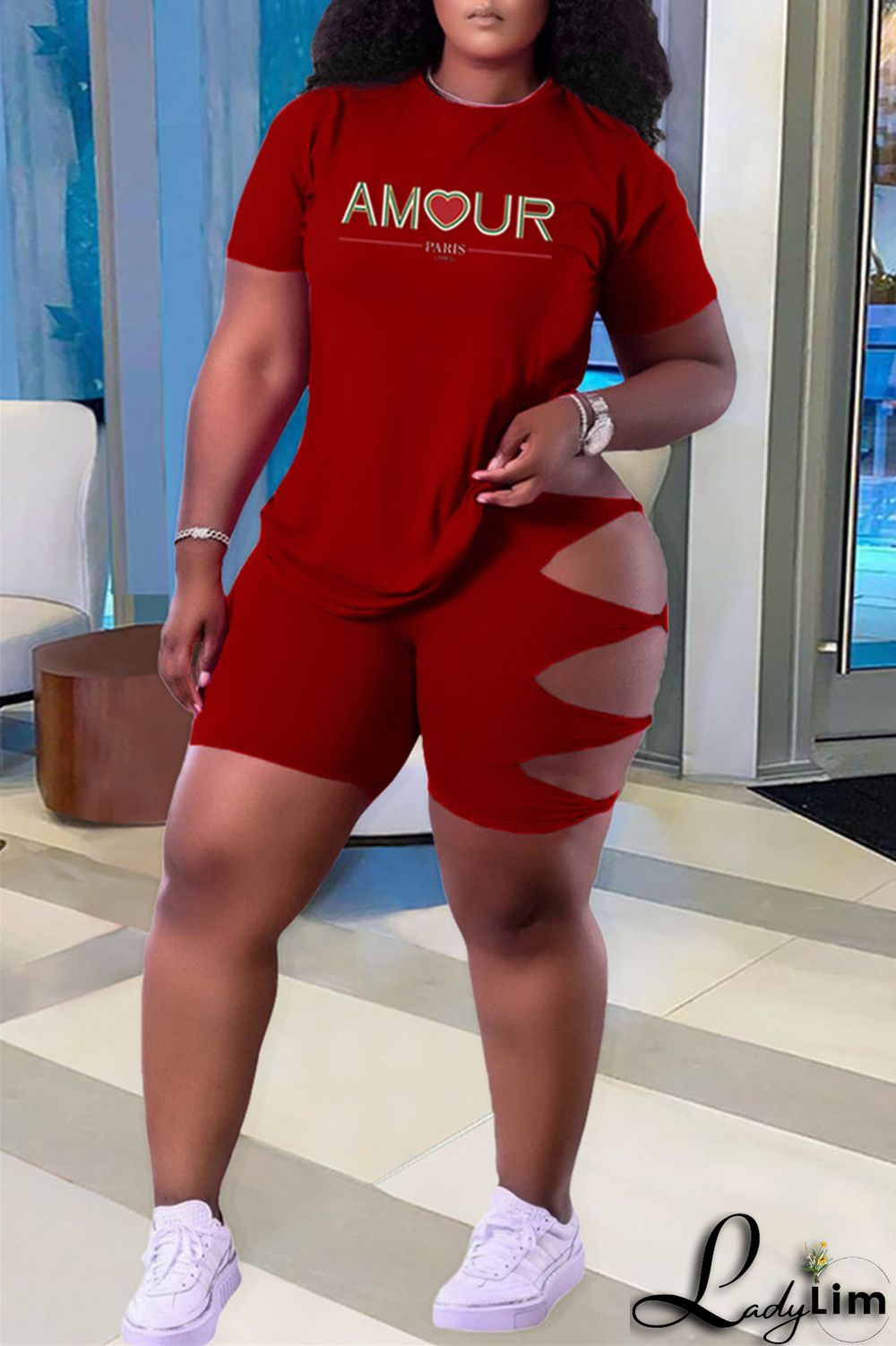 Green Fashion Casual Letter Print Ripped O Neck Plus Size Two Pieces