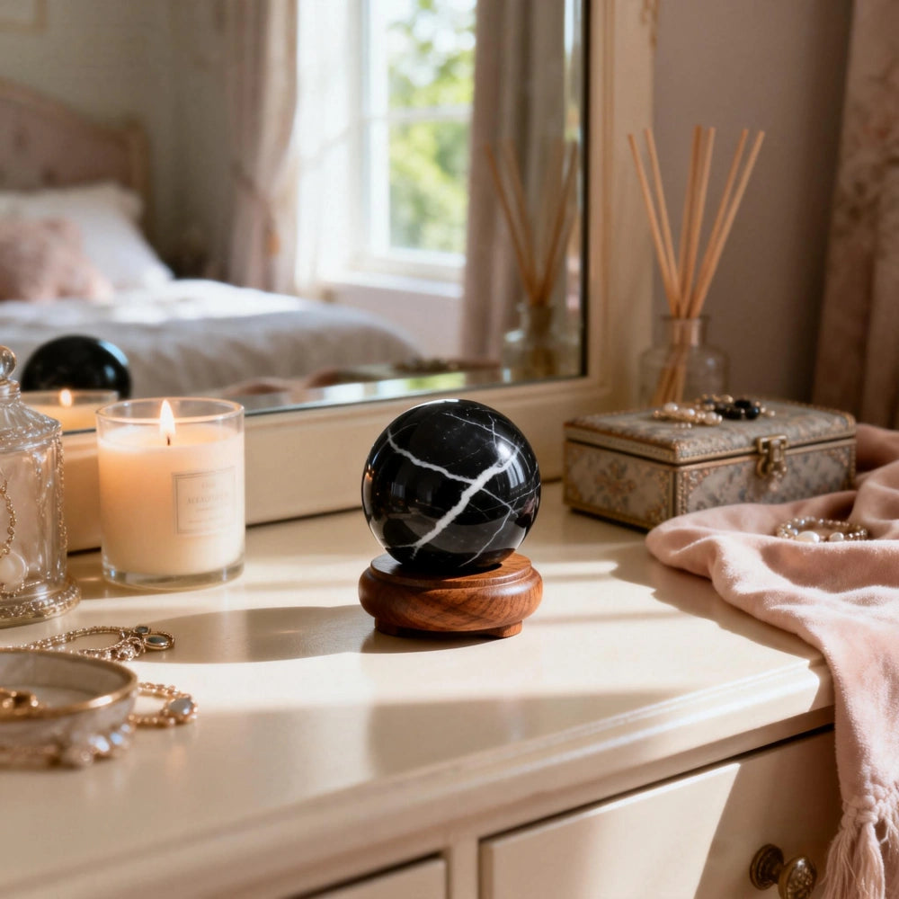 Black onyx sphere styled on desk