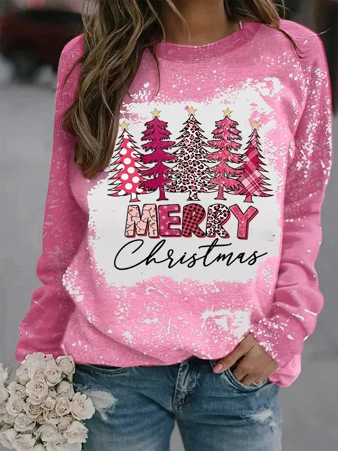 Women's Pink Leopard Christmas Tree Print Sweatshirt