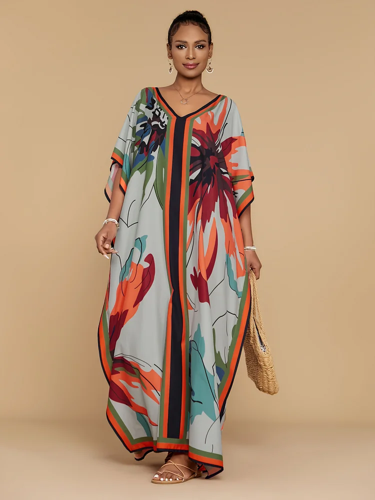 The Lady Is Wearing A Floral Print Kaftan With A V-Neck, Loose Fit, Casual Vacation Style, Plus Size Beach Cover-Up, Ethnic Style Long Dress, Elegant Cover-Up