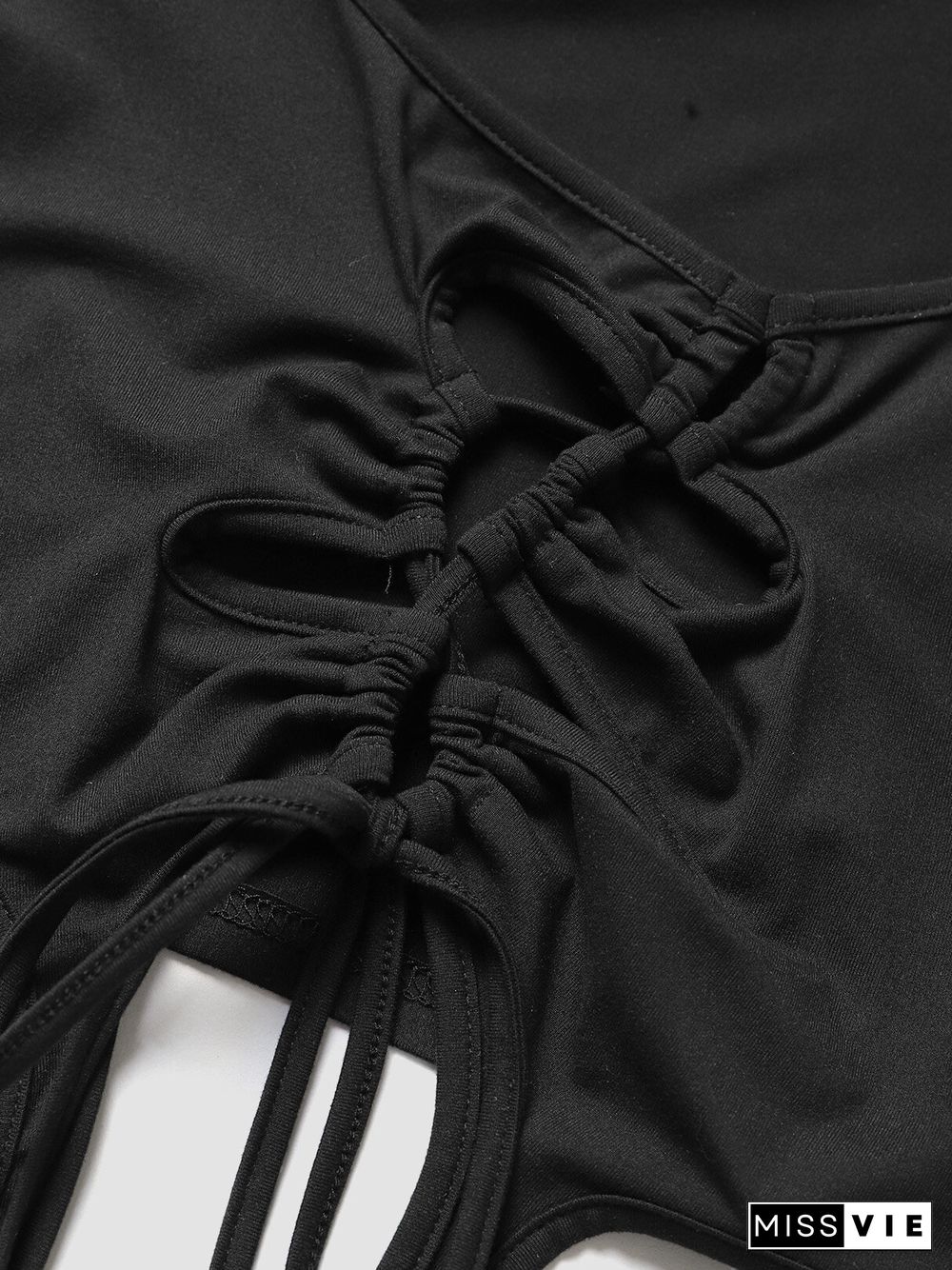 Solid Drawstring Square Collar Short Sleeve Crop Top