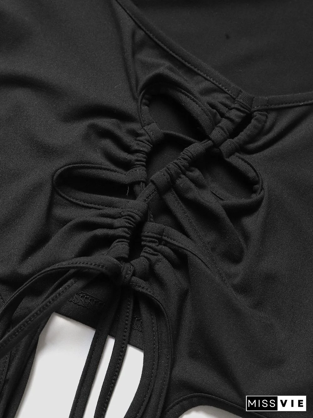 Solid Drawstring Square Collar Short Sleeve Crop Top