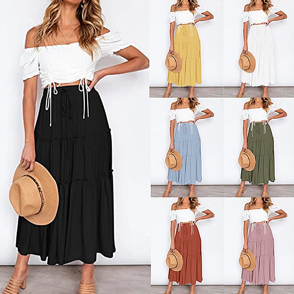 Shecustoms™ 2022 Summer Bohemian Elastic High Waist A Line Midi Skirt Casual Ruffle Long Skirt for Women