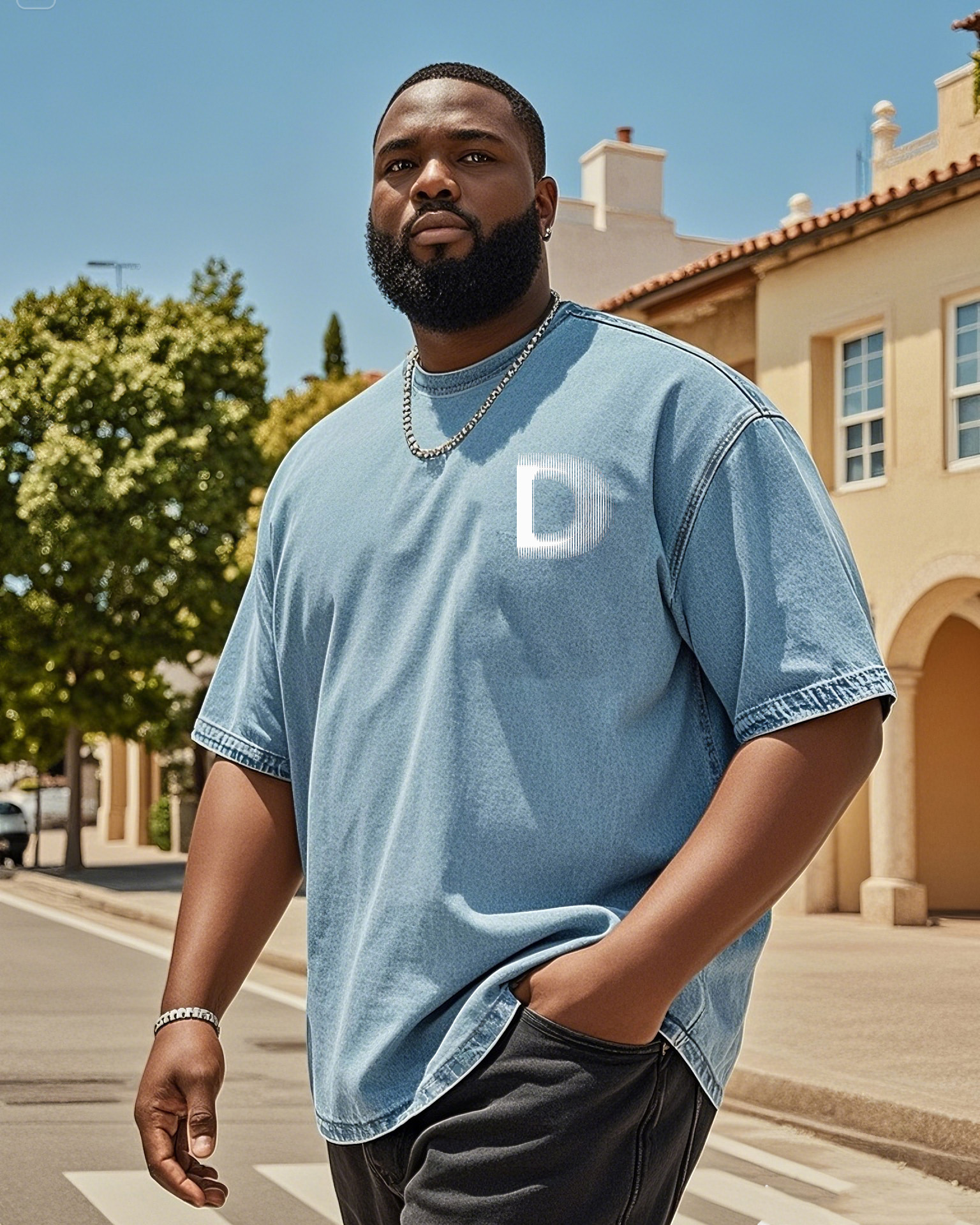 Plus Size Men's D Design Printed Denim Short Sleeve T-Shirt