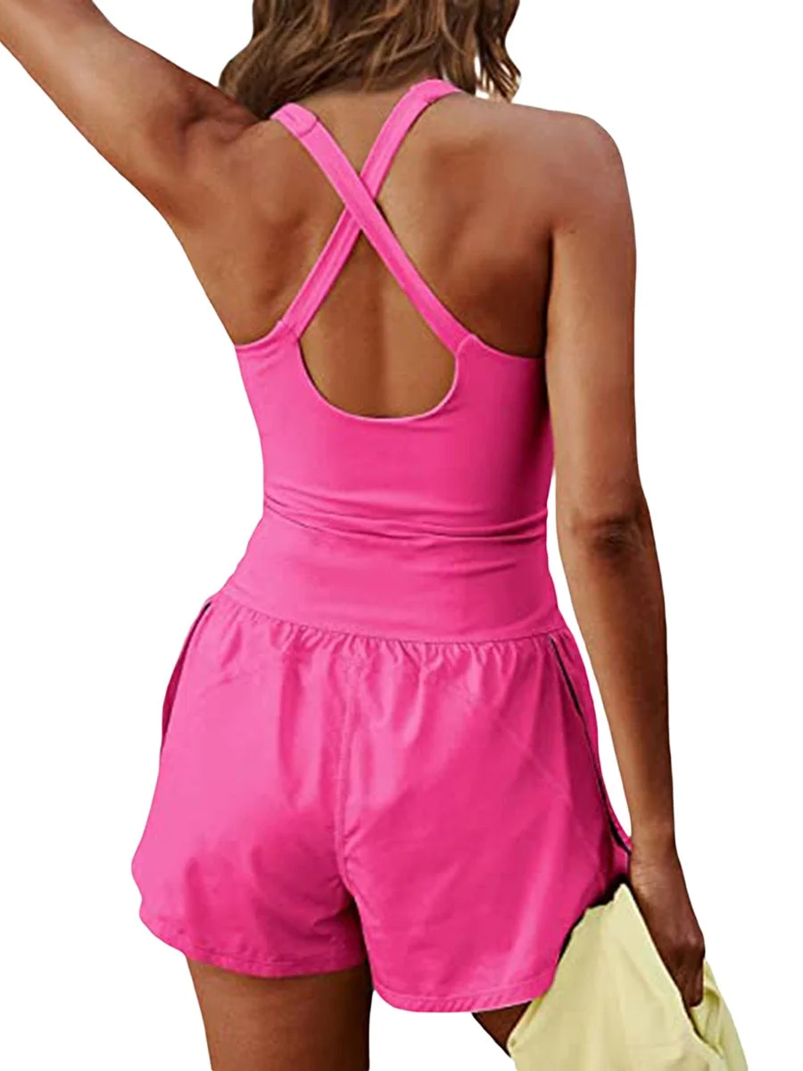 Huiketi Women Solid Color Cami Playsuits Sleeveless Sports Short Jumpsuits Summer Cross Backless Romper Tracksuits Hot Sale S M L