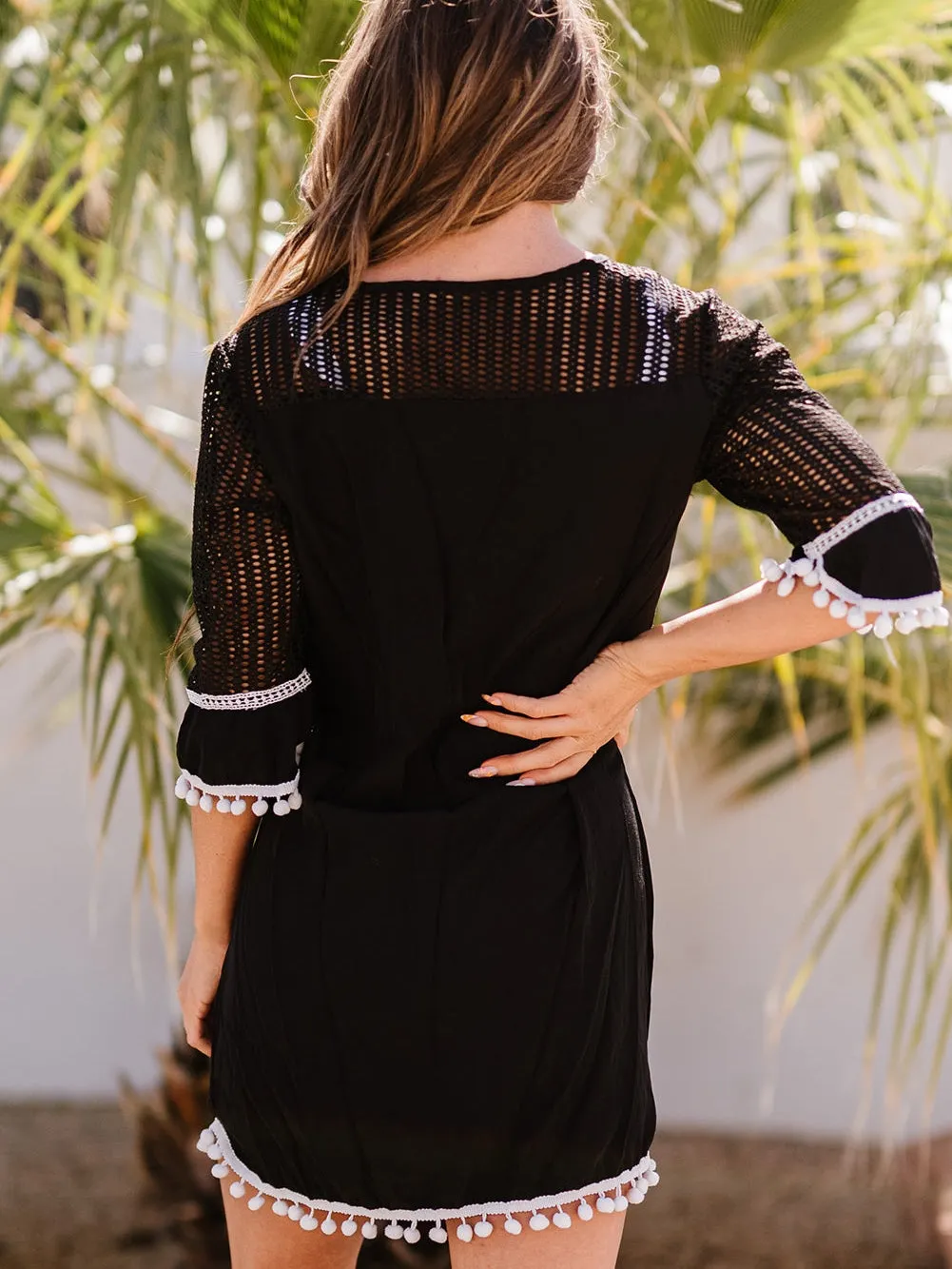 Beach Ready Black Crochet Pom Pom Trim Tunic Cover-Up