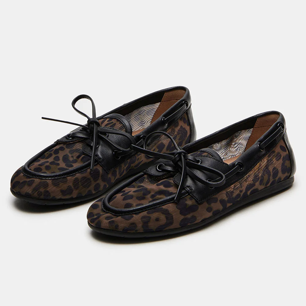 YDN Black Leopard Print Round Toe Lace-Up Flat Loafer Shoes Women