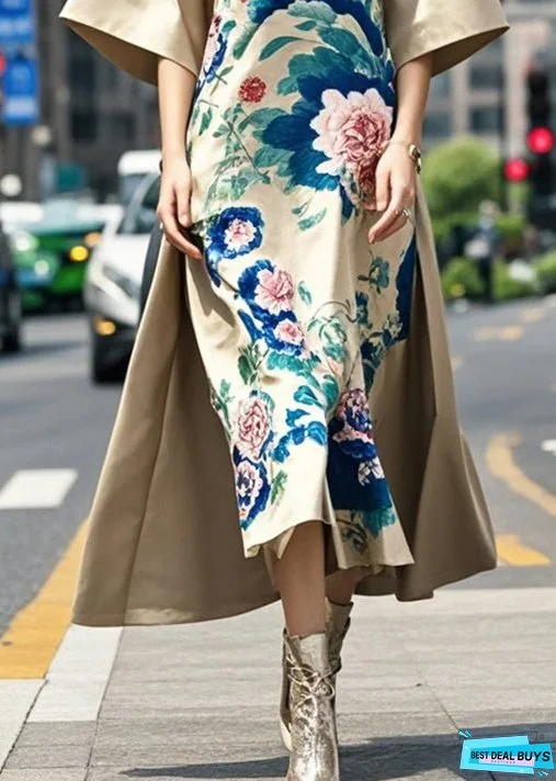 Original Design Khaki Mandarin Collar Print Silk A Line Dress Fall