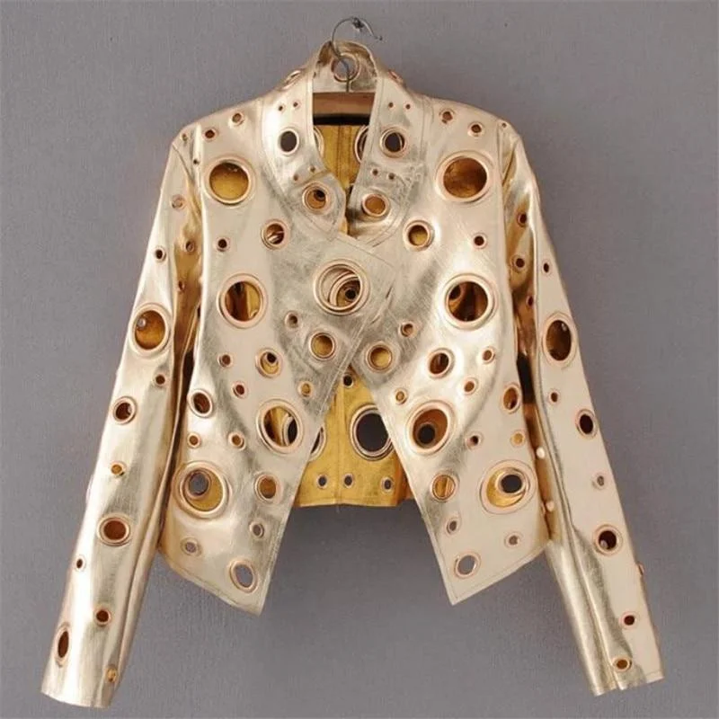 European and American Fashion Stand Collar pu Jacket Coat Loose Bright openwork Metal Ring Decoration pu Jackets Coats Black XL