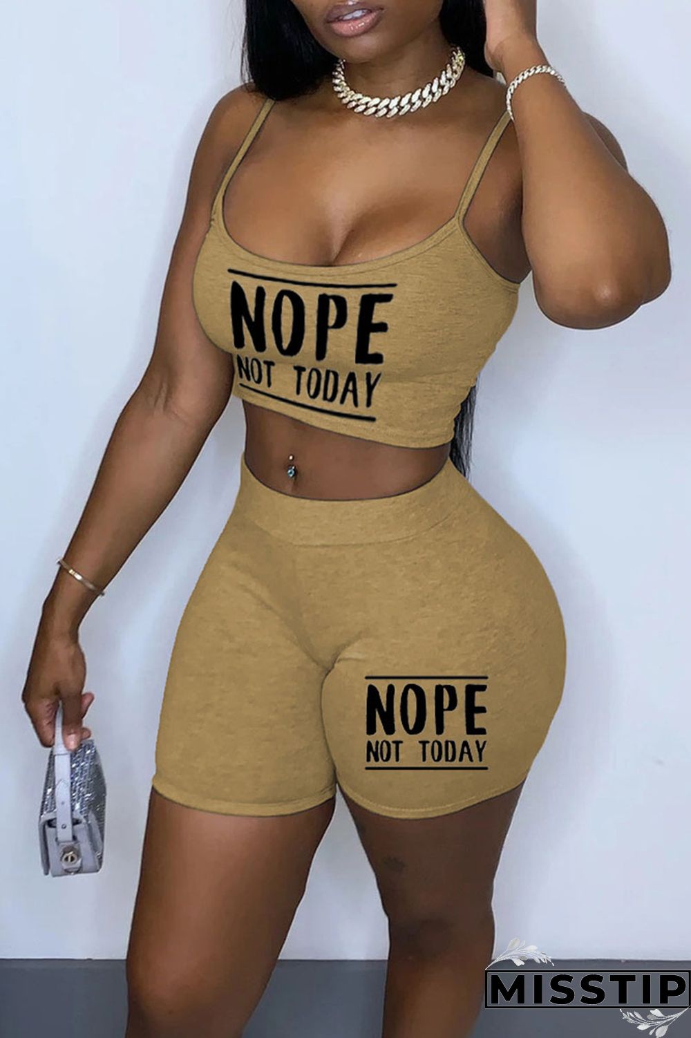 Khaki Sexy Print Patchwork Spaghetti Strap Sleeveless Two Pieces