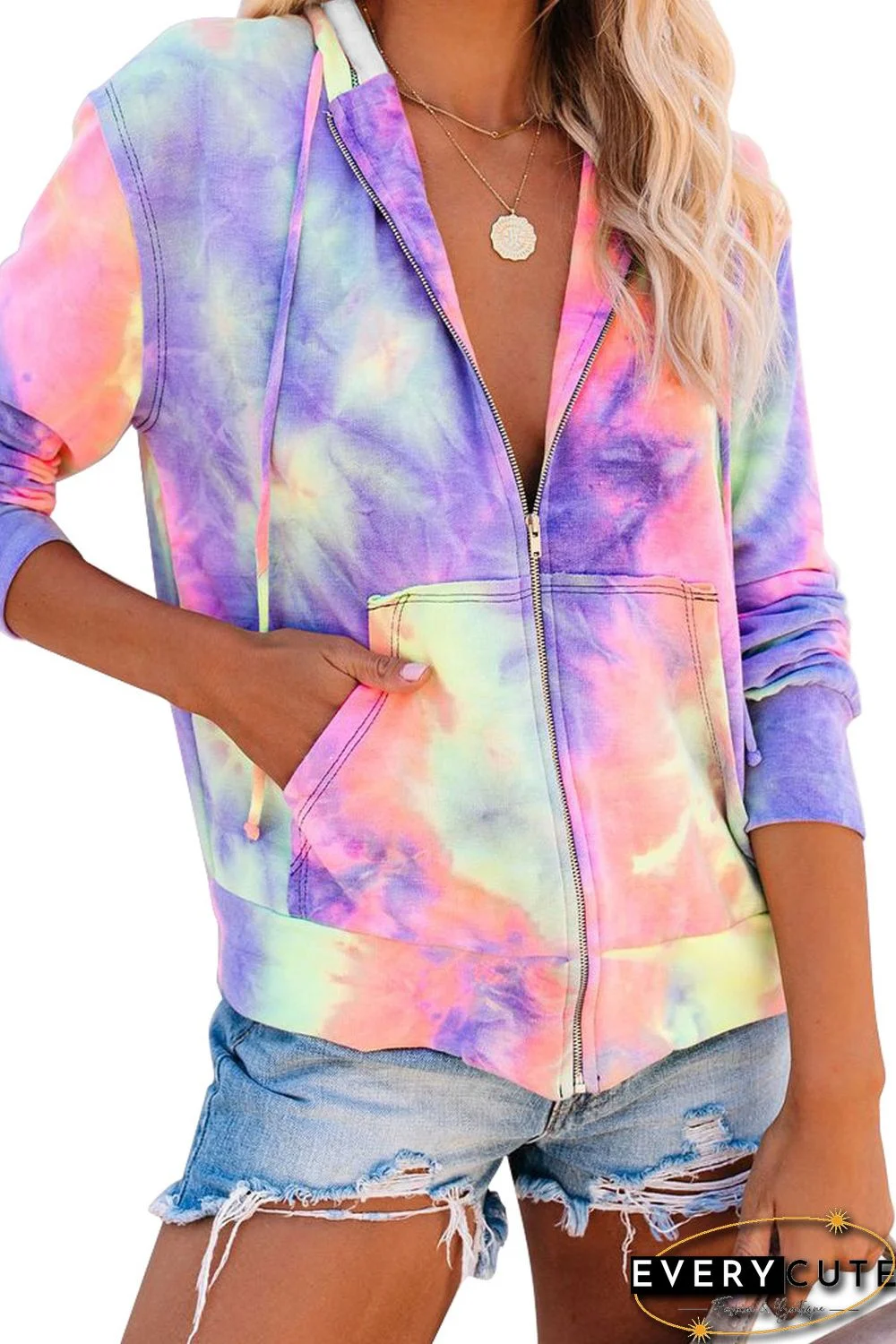 Multicolor Tie-dye Pocket Zip Up Hoodie