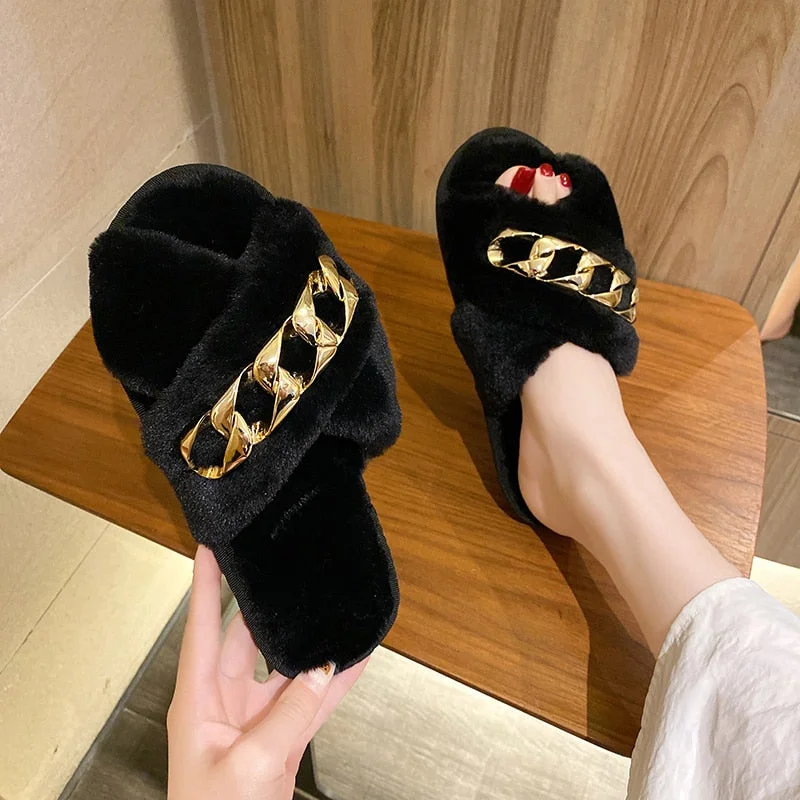 Vstacam Indoor Women Fur Slippers Fluffy Soft Furry Slides Thick Flats Heel Non Slip House Shoes Ladies Luxury Chain Design Footwear