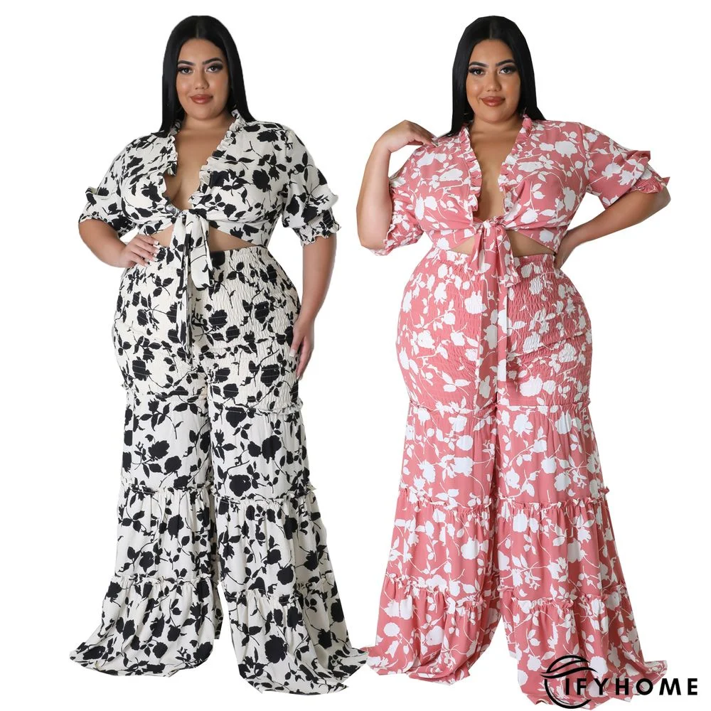 Summer Plus-size Strappy Printed Wide-leg Two-piece Suit | IFYHOME