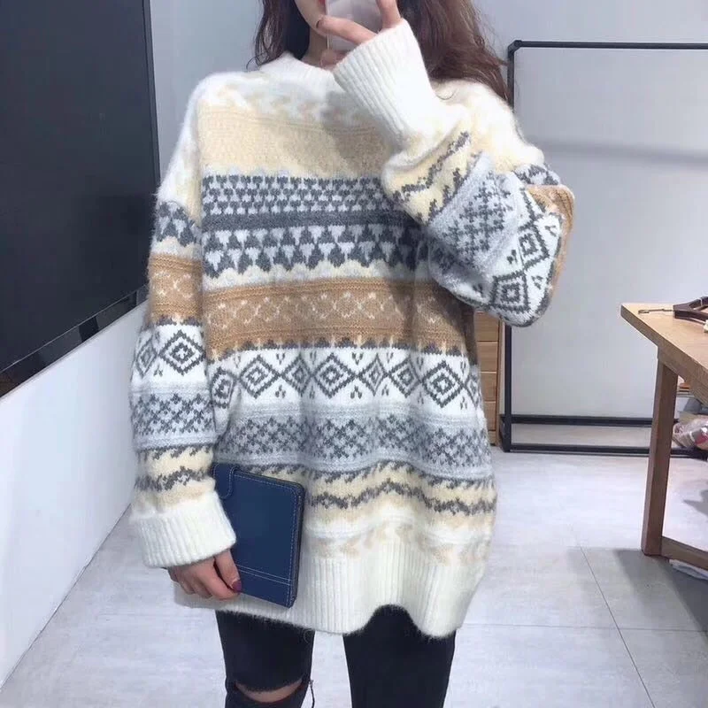 Pullovers Women Vintage Loose Casual Sweaters Geometric Female Harajuku Korean Fashion Womens Striped Sweater Streetwear Y2k