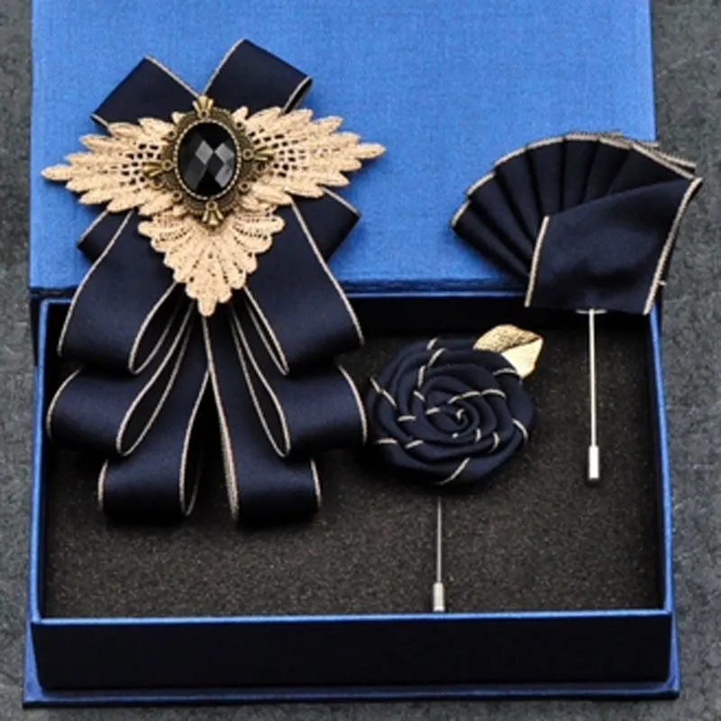 British New Fashion Men's Wedding Performance Groom Wedding Party Flower Collar Bow Tie Pocket Towel Square Set Men Accessories