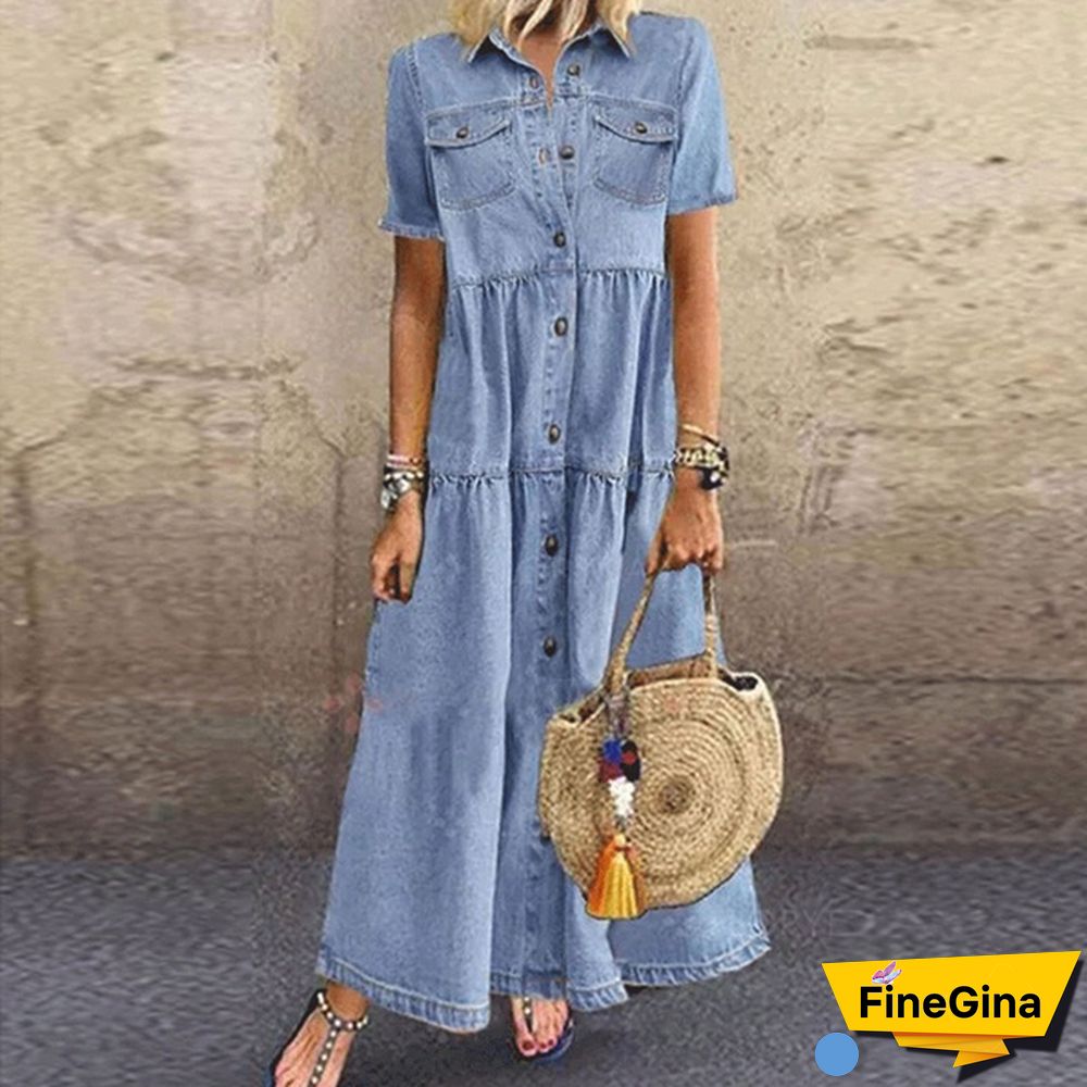 Womens Summer Autumn Denim Long Dress Retro Button Pockets Jeans Maxi Ladies Casual