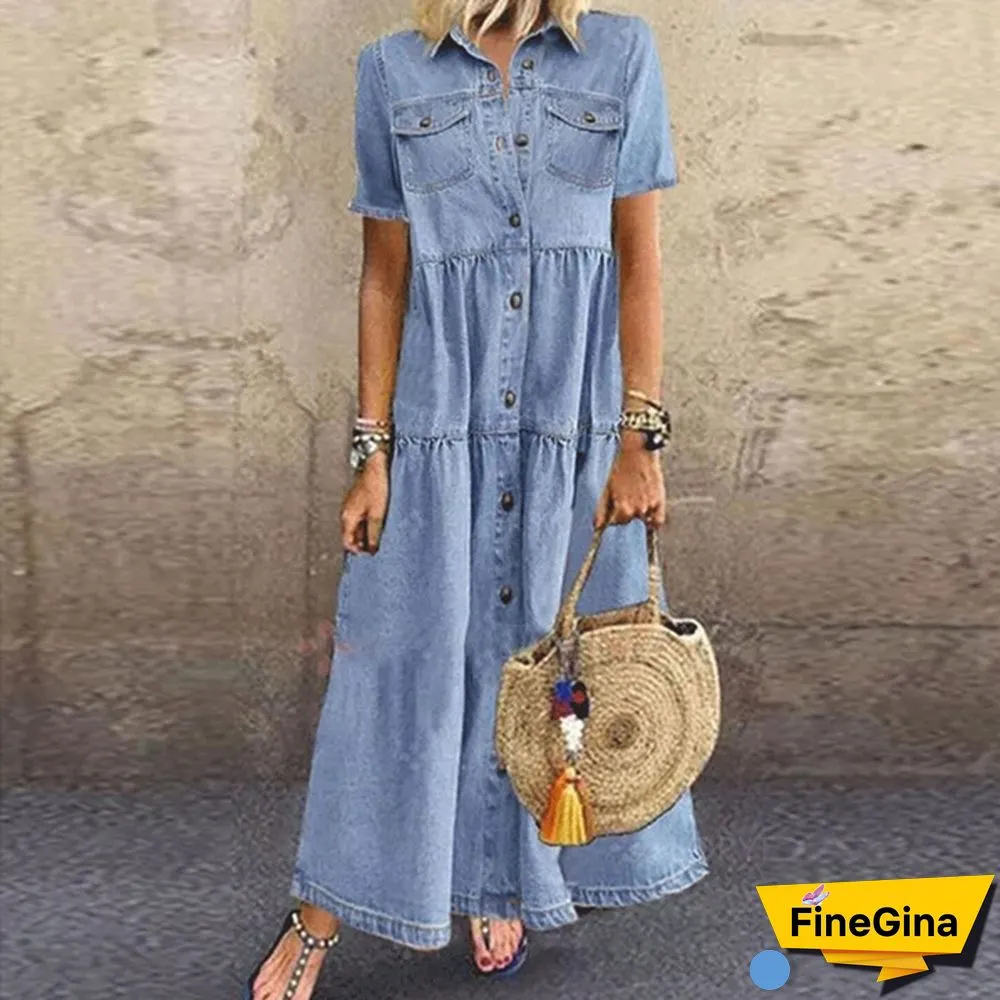 Womens Summer Autumn Denim Long Dress Retro Button Pockets Jeans Maxi Ladies Casual