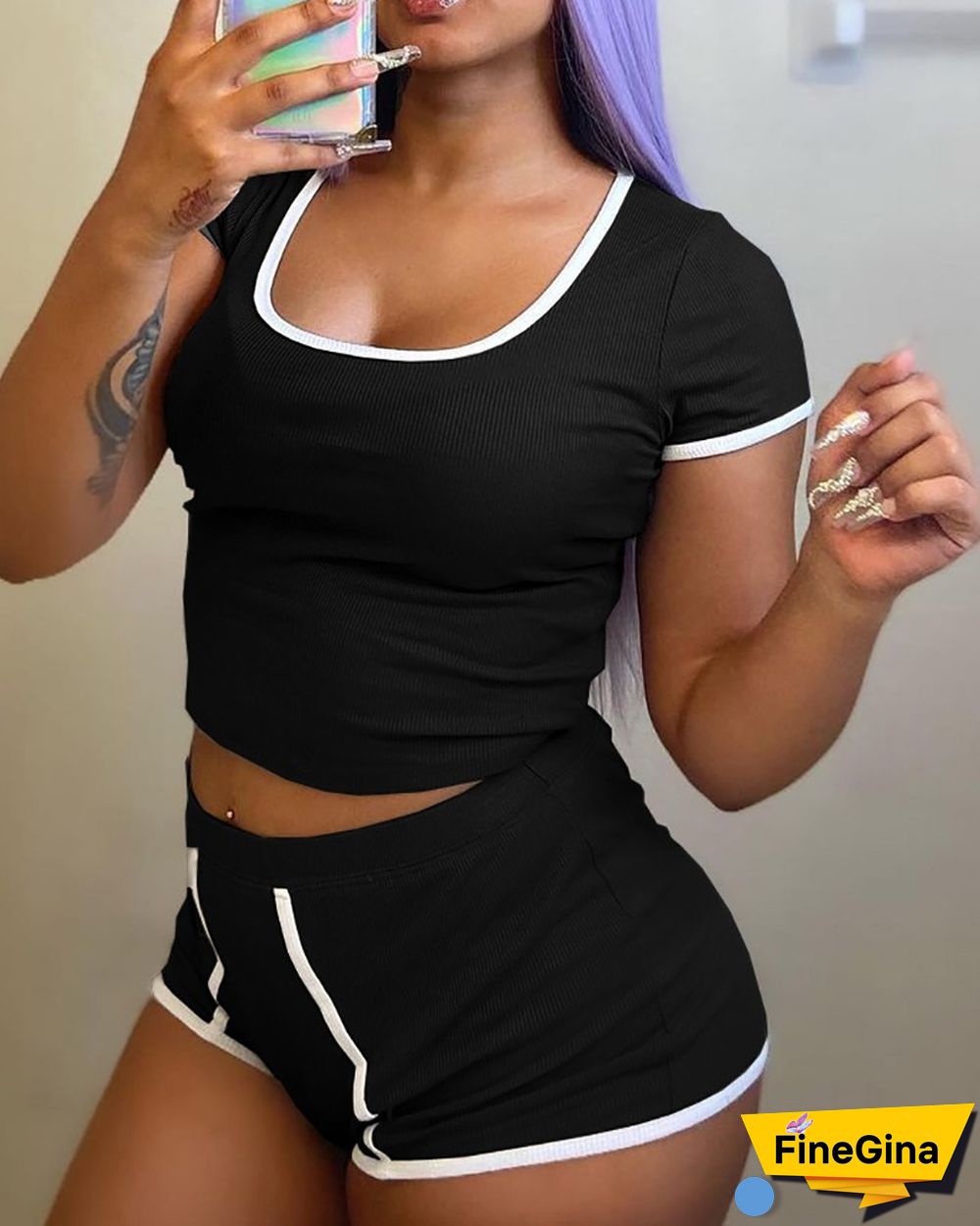 Ribbed Contrast Binding U-Neck Top & Shorts Set