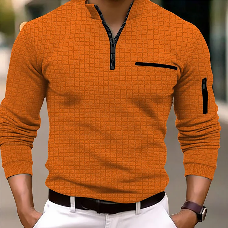 Casual Stand Collar Zipper Lattice Long Sleeve Polo Shirt