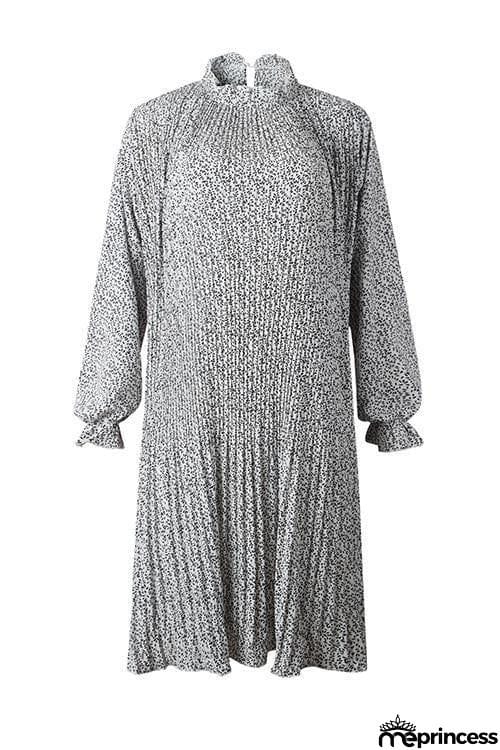 Print Pleated Long Sleeve Dress