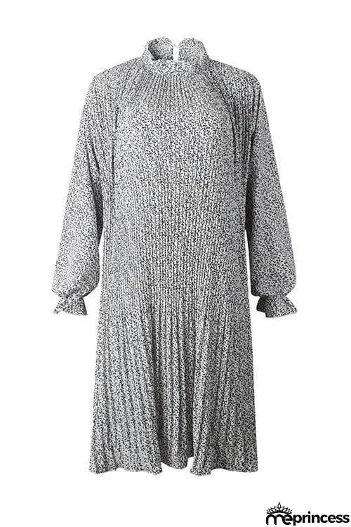 Print Pleated Long Sleeve Dress