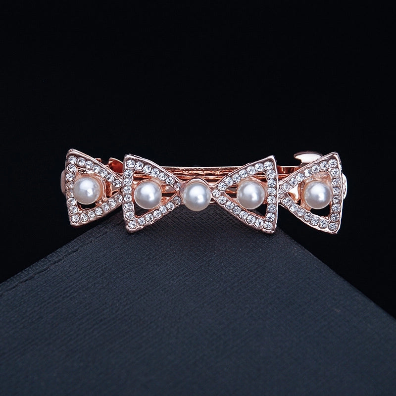 Korean Hair Accessories Rhinestone Bow Simple Hairpin Adult Pearl Horizontal Clip Ponytail Clip Top Clip Spring Clip Small