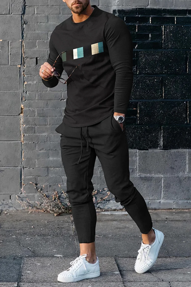 Men's  Personalized Color Block Long Sleeve T-Shirt And Pants Co-Ord