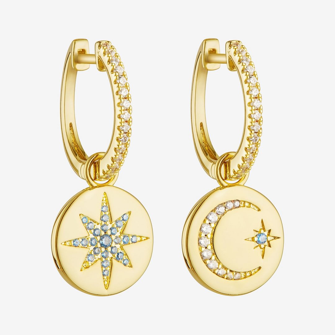 Moon and Blue Star Asymmetric Hoop 14K Gold Earrings