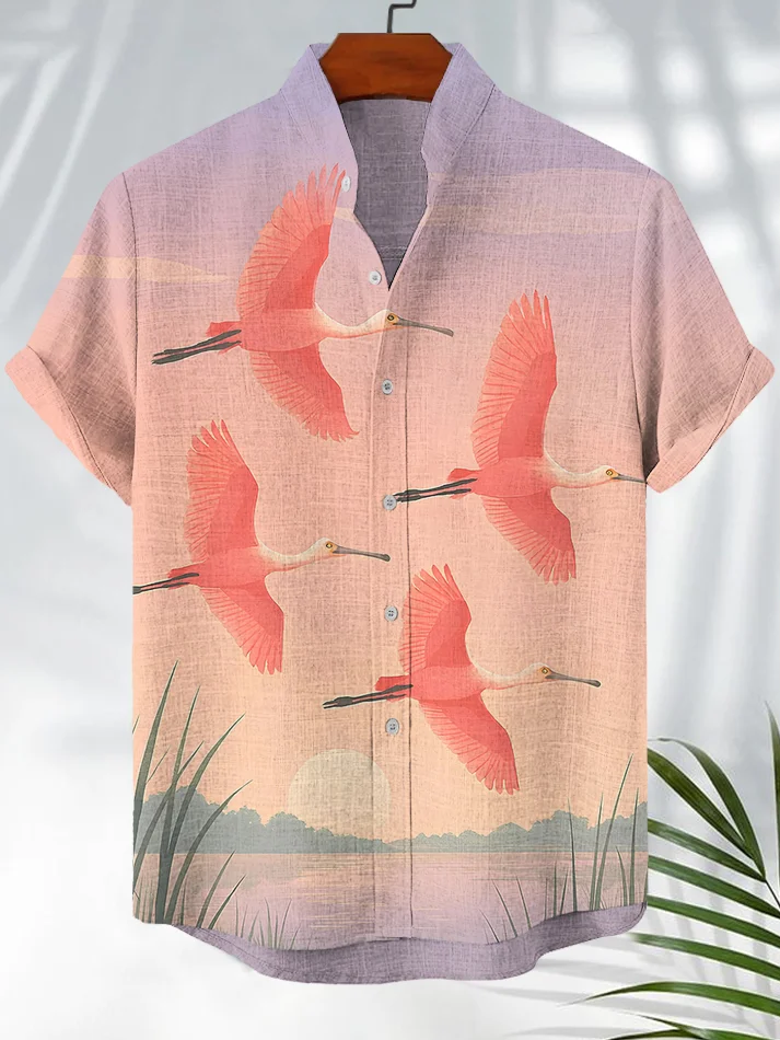 Men's Vacation Pink Cranes Flying Landscape Painting Art Print Casual Shirt