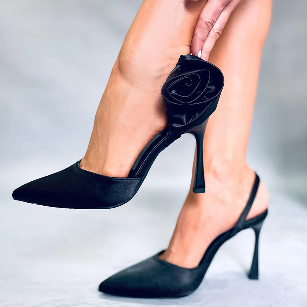 Black Satin Closed Pointed Toe Slingback Rose Pumps With Stiletto Heels Nicepairs