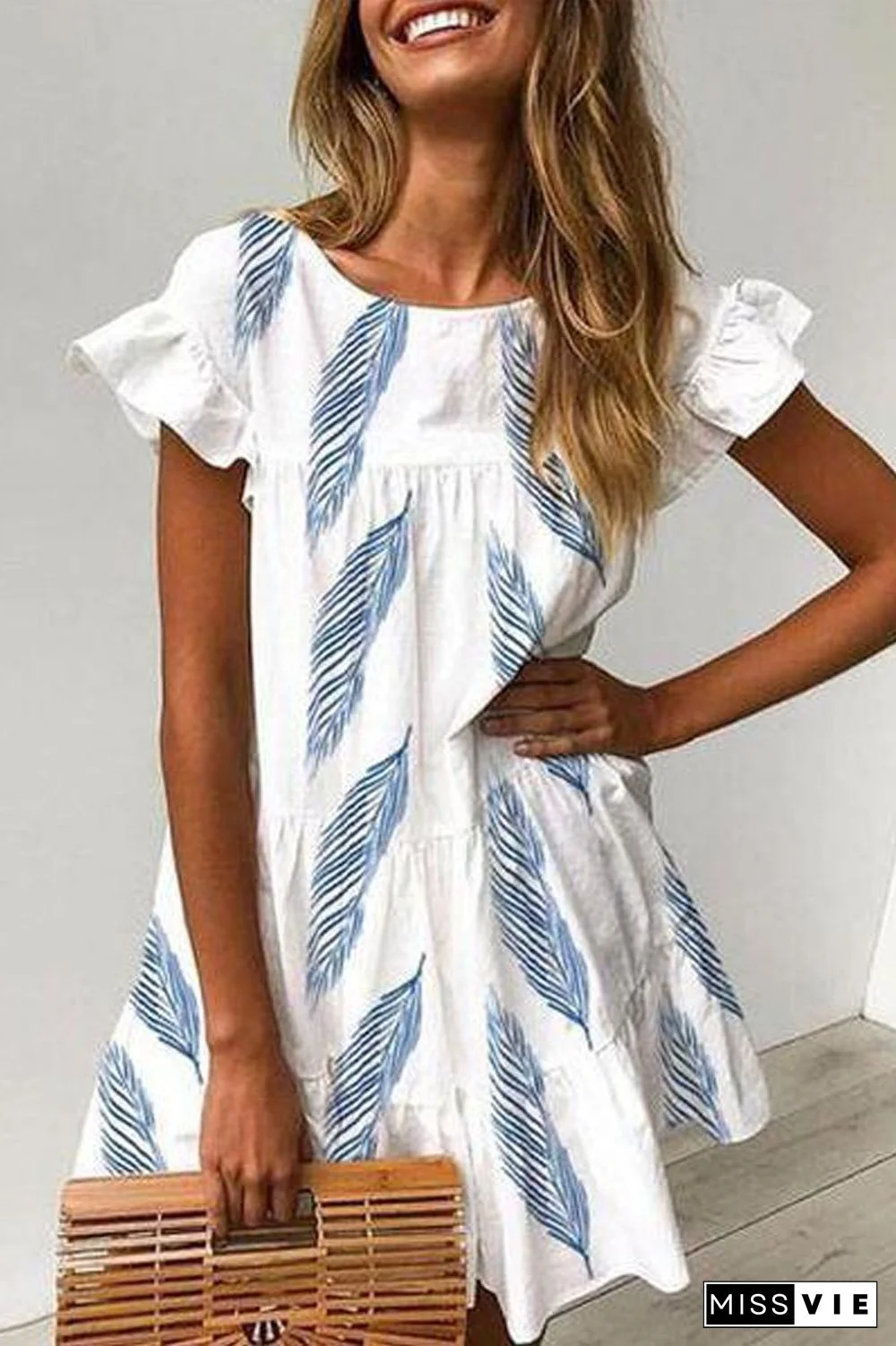 Ruffle Feather Print Casual Dress