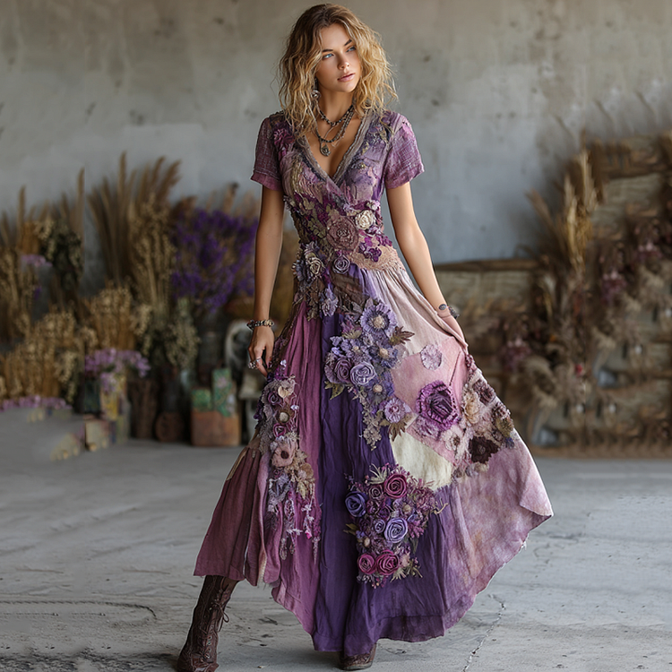 Vintage Purple Patchwork And Floral Embroidered Art Linen Maxi Dress
