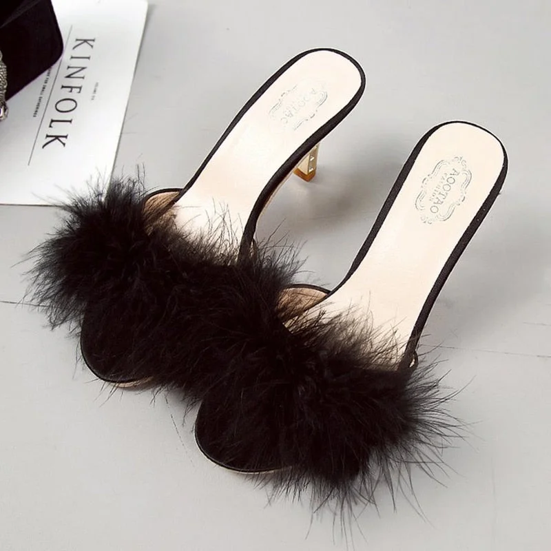 Women Slippers Summer 2021 New Fashion Hairy Stiletto Sandals & Slippers Women Word Drag Open Toe Wear High Heel Slippers Women