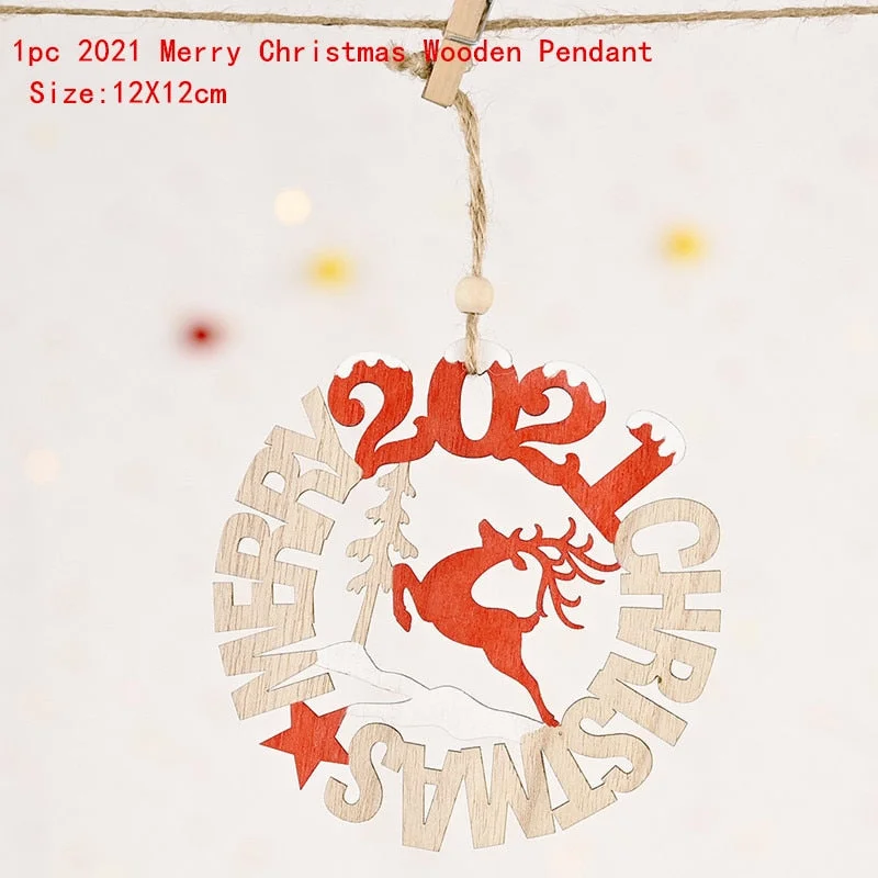 2022 New Year Xmas Elk Wood Craft Christmas Tree Ornament Noel Christmas Decoration for Home Wooden Pendant Navidad 2021 Gift