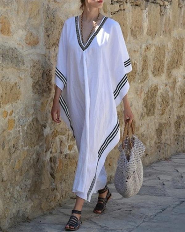 Women Vintage Long Sleeve V Neck Dresses Shift  Plain Dress