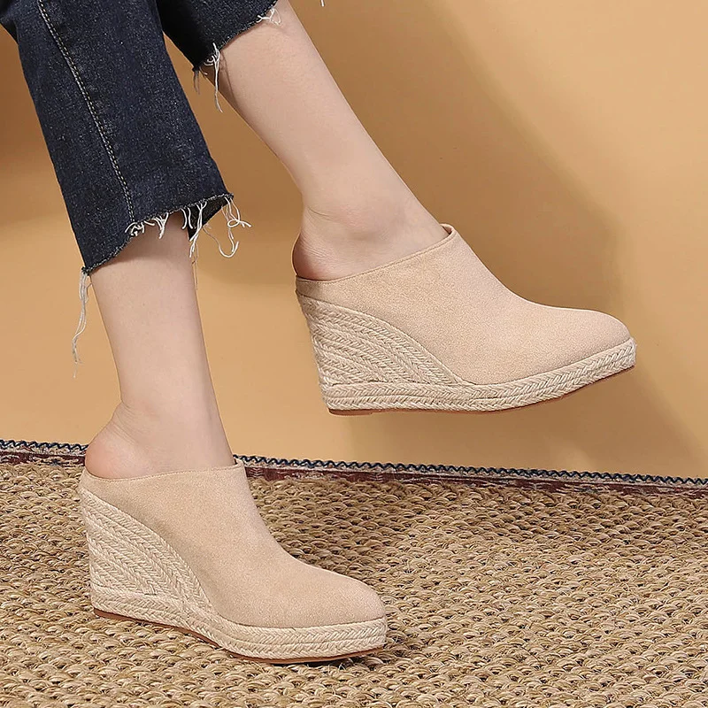 Wongn Wongn And Autumn New Pointed Slope With Thick Bottom High Heel Head Drag Women's Single Shoes After Empty Straw Hemp Rope Bottom
