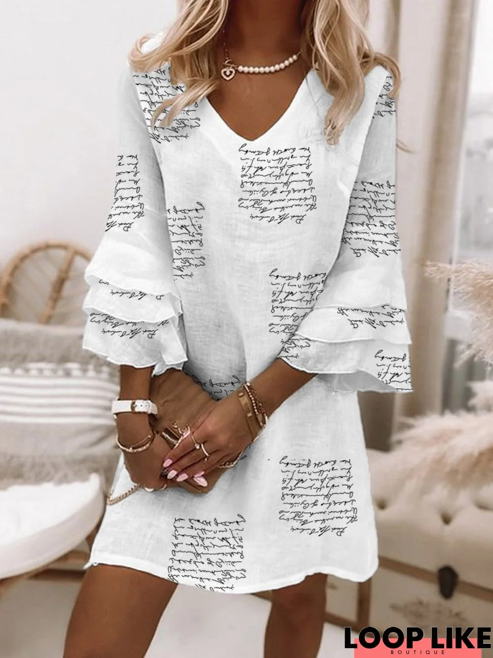 Casual V neck Three Quarter Loose Text Letters Dress
