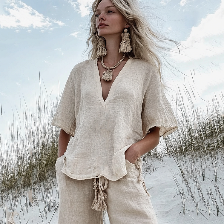 Women's V Neck Casual Linen Top