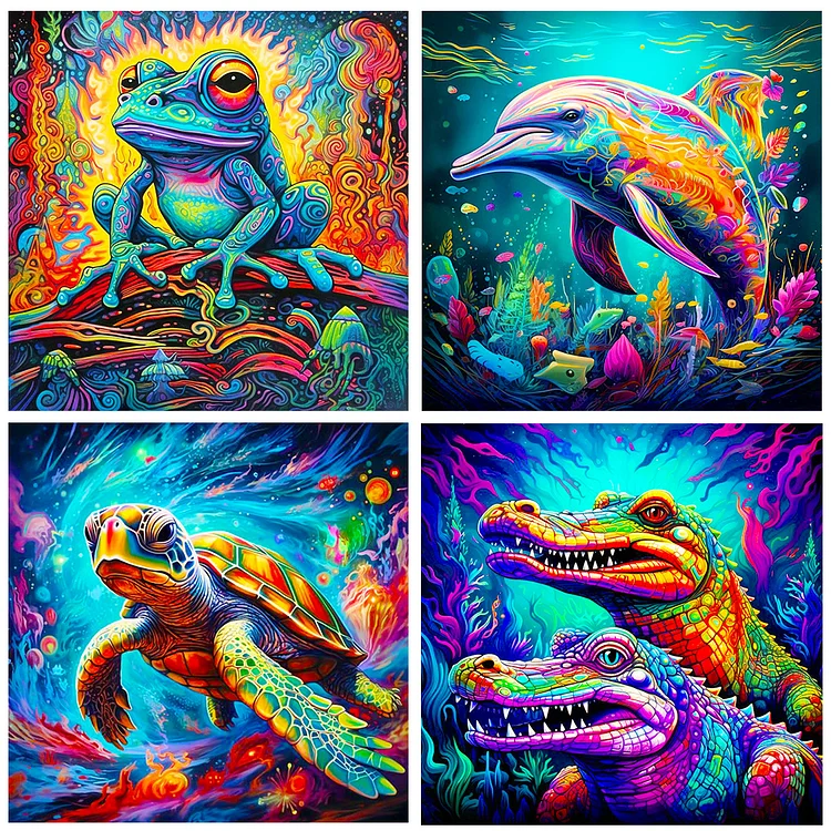 4PCS Frog Dolphin Turtle Crocodile 30*30CM(Canvas) Full Round Drill Diamond Painting gbfke