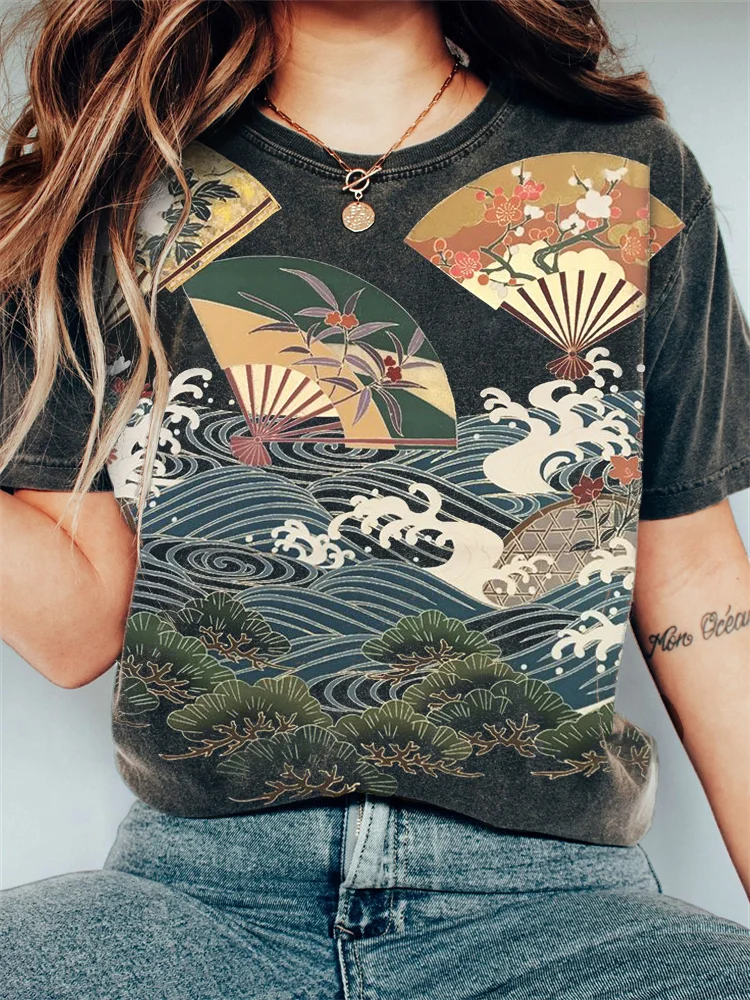 Fans Sea Waves & Pine Trees Japanese Art Vintage T Shirt