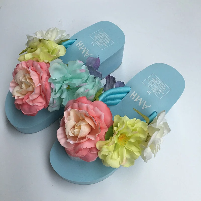 Bohemia Flowers Woman Beach Flip Flops Summer Style Slides Resistant Slippers Platform Shoes Woman Hit Color Wedges Slippers