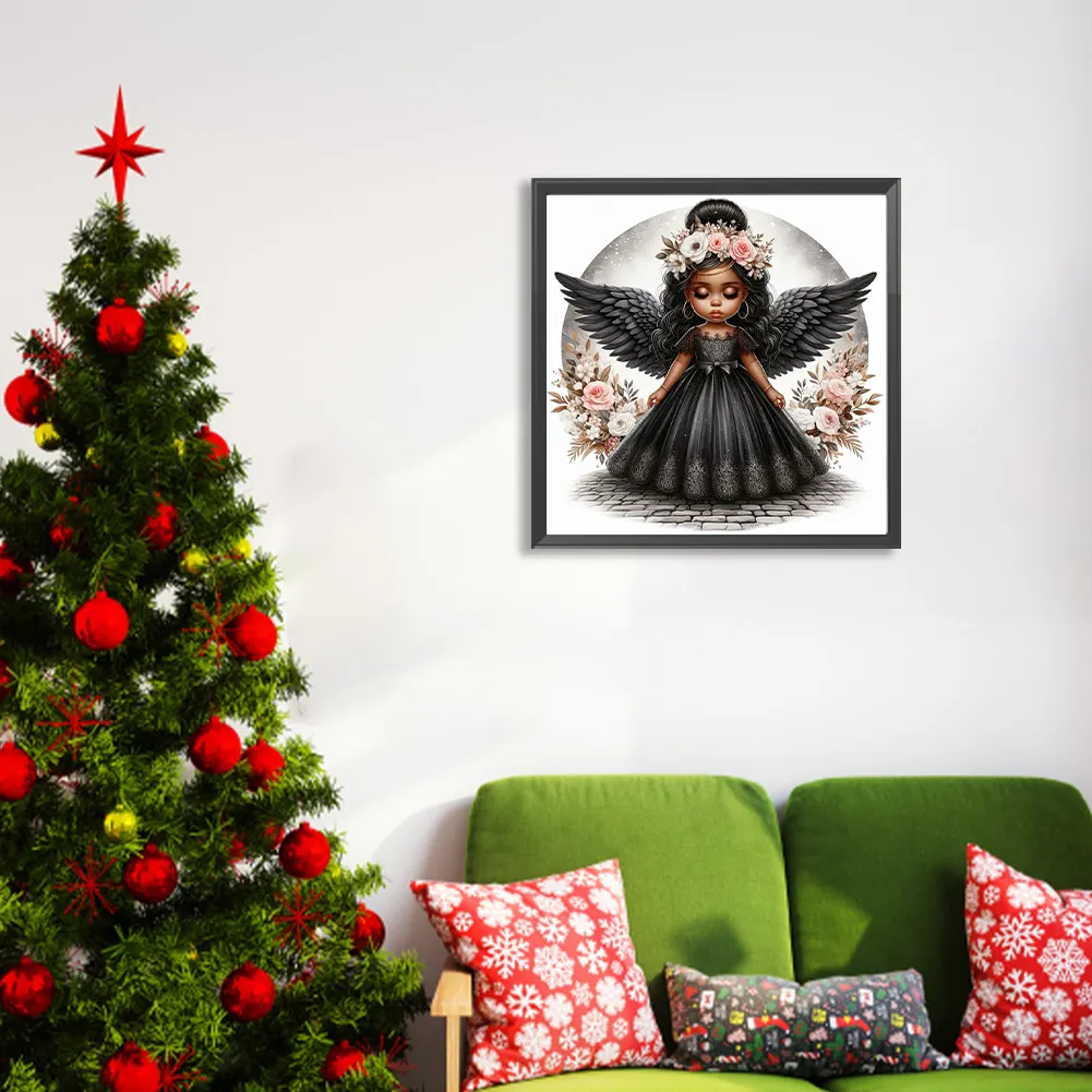Diamond Painting - Full Round Drill - Black Angel Girl(Canvas|40*40cm)