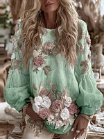 Women's Vintage Romantic White Rose Embroidery Art Comfy Linen Long Sleeve Shirt - Image 3
