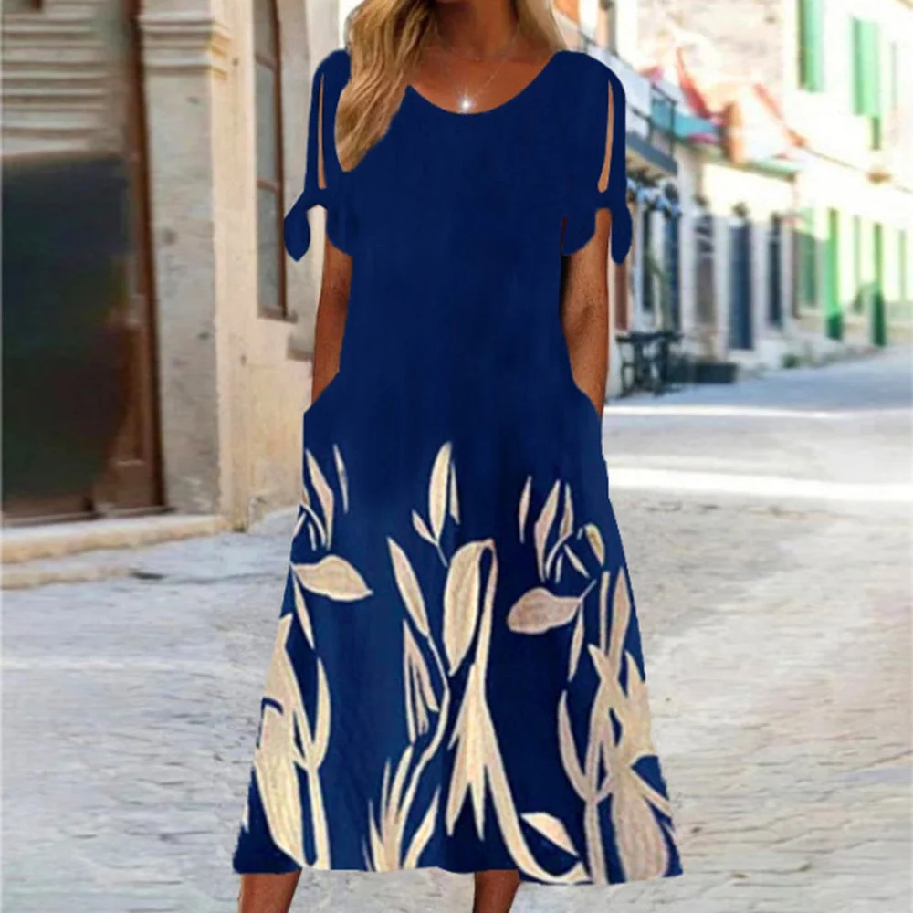 Blue Split Sleeve Print Midi Dress